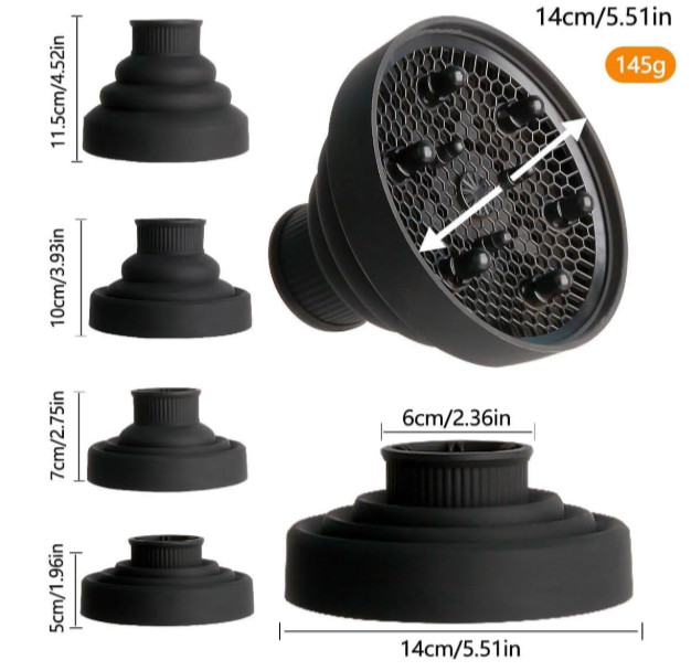 Collapsible Hair Dryer Diffuser 4–5cm Nozzle, Portable Silicone, Black