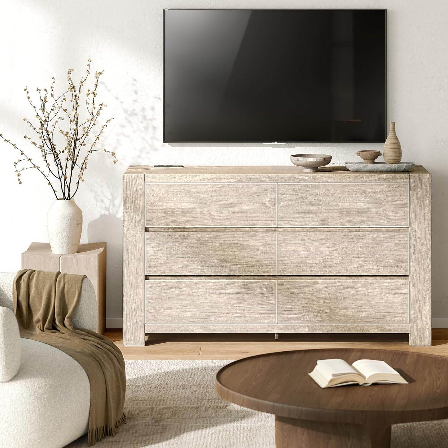 Modern 6-Drawer White Oak Dresser with Charging Station and Large Storage
