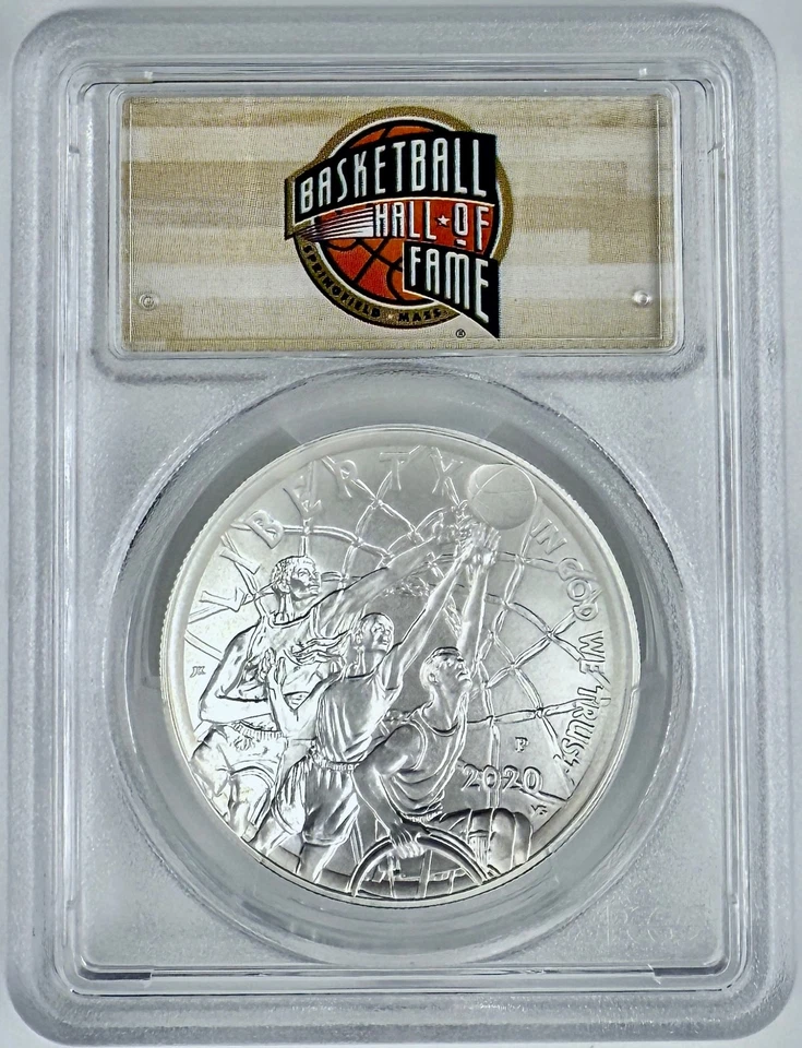 2020 P Basketball Hall of Fame Silver Coin $1 PCGS MS 70 HOF Label First Strike - Image 2 of 2