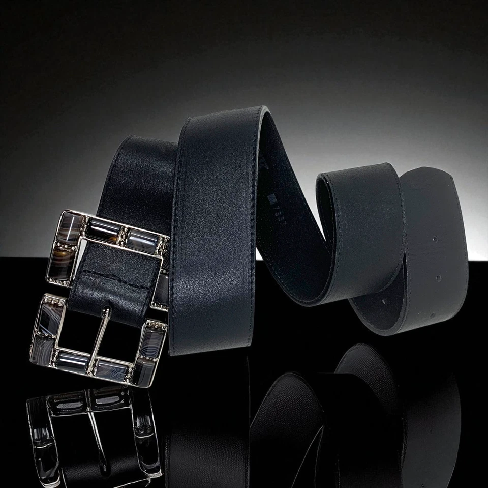 Cinturón Vintage Y2K Leatherock Negro Piedra Ágata Natural Hebilla Cuadrada Talla L LEER Foto 2 de 4