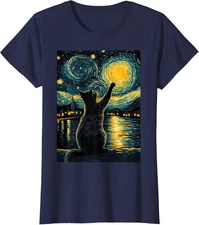 Black Cat Starry Night Van Gogh Cat Lover Gift for Ca Ladies' Crewneck T-Shirt