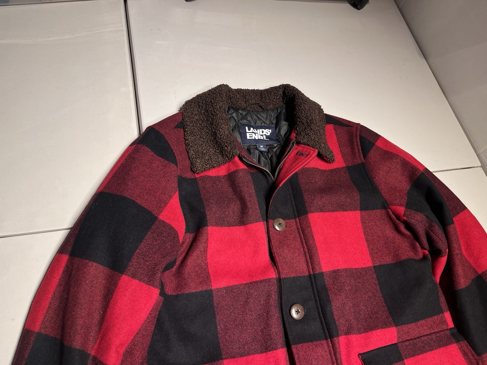 Lands End Jacket Men’s Medium Red Buffalo Plaid Quilted Lined Chore Barn Coat - second product detail image