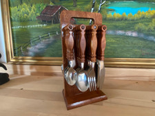 Besteck Set 24-tlg  Echtholz-Griffe mit Holz Ständer Vintage Landhaus wie NEU