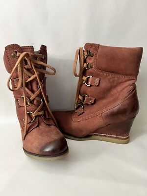 Pollini Lace Up Wedge Ankle Boots Faux Leather Crepe Sole Women's 38 US 7.5 -8
