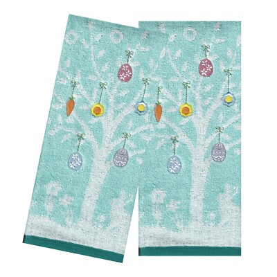 Blue Bath Hand Towels, Set of 2, Decorated Easter Egg Tree Bunny Embroidery