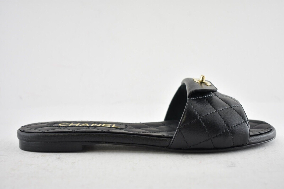 Chanel REV Black Turnlock Quilted Gold CC Logo Mules Slide Sandal