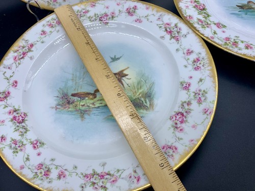 ANTIQUE DINNER PLATE LIMOGES SIGNED ROSE GARLAND GOLD BIRD DUCK PHEASANT SET 4 - Picture 2 of 12