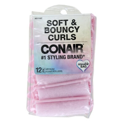 Conair Soft & Bouncy Curls Medium Foam Hair Rollers, Pink, 12-Pieces