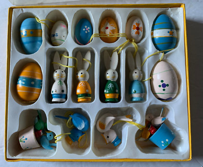 Set of 16 Easter Ornaments Wooden Hand Painted Mini Eggs Bunny Birds