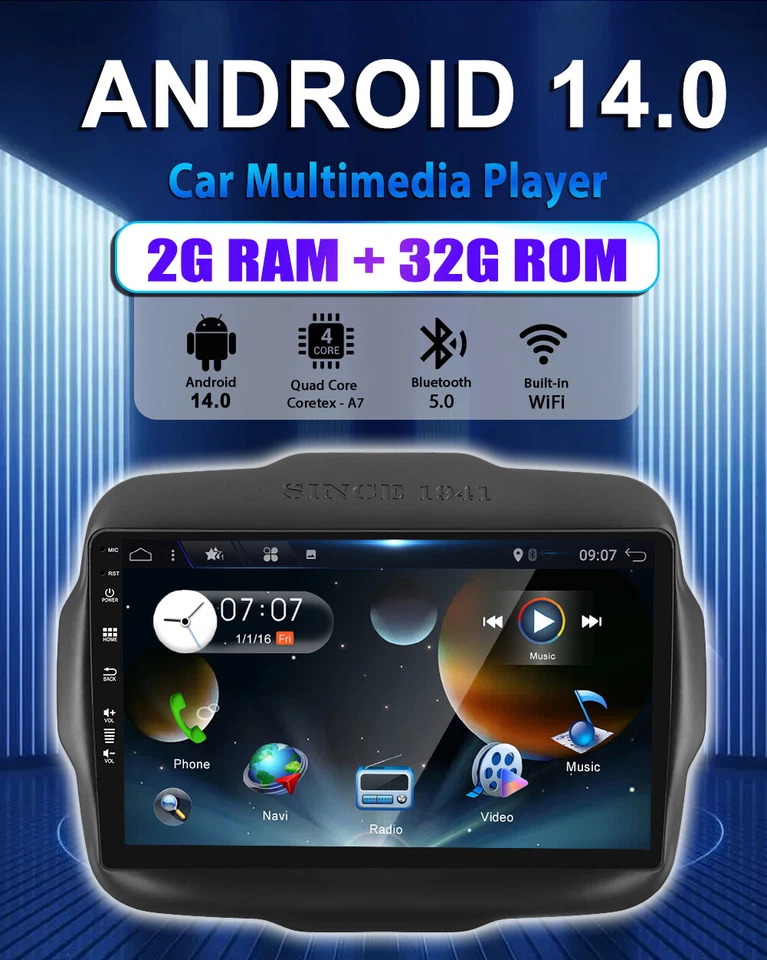 9" Per Jeep Renegade 2015-2020 Autoradio CarPlay Android 14 GPS Navi OBD AM 32GB - Immagine 3 di 4