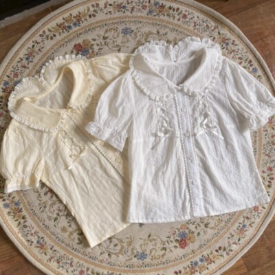 Lady Lolita Shirt Top Mädchen Knopf Schleife Bluse Rüschen Puffärmel Japanisch