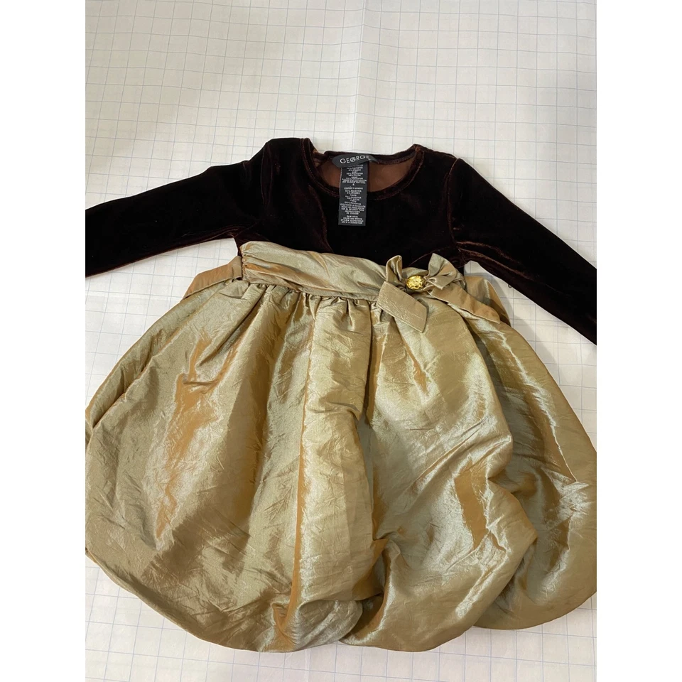 Vestido para niña talla 5 George marrón terciopelo y dorado manga larga cuello barco Foto 4 de 4