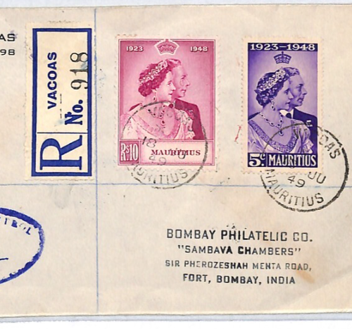 MAURITIUS Cover KGVI *SILVER WEDDING* Set Vacoas Registered Air 1949 Bombay XC67 - 第 4/14 張圖片