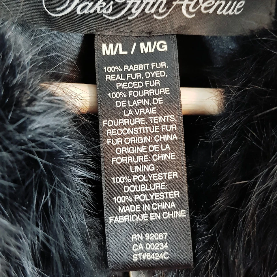 SAKS FIFTH AVENUE Womens Size M / L or 12 - 14 Black Rabbit Fur Vest Jacket - Image 4 of 4