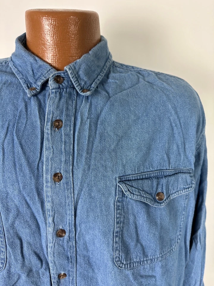 Vintage 90s Denim Shirt Men Large Button Down Outdoors Blue Distressed Greatland - Image 2 of 4