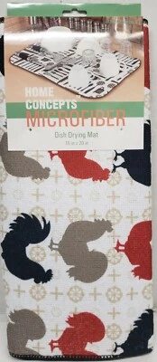 HOME CONCEPTS Kitchen Dish Drying Mat (15" x 20") TRI-COLOR ROOSTERS, BLACK, RED, BEIGE, HC