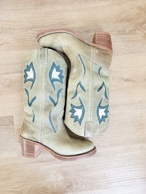FRYE Vintage Sabrina Campus Green Floral Inlay Western Boots Size 7
