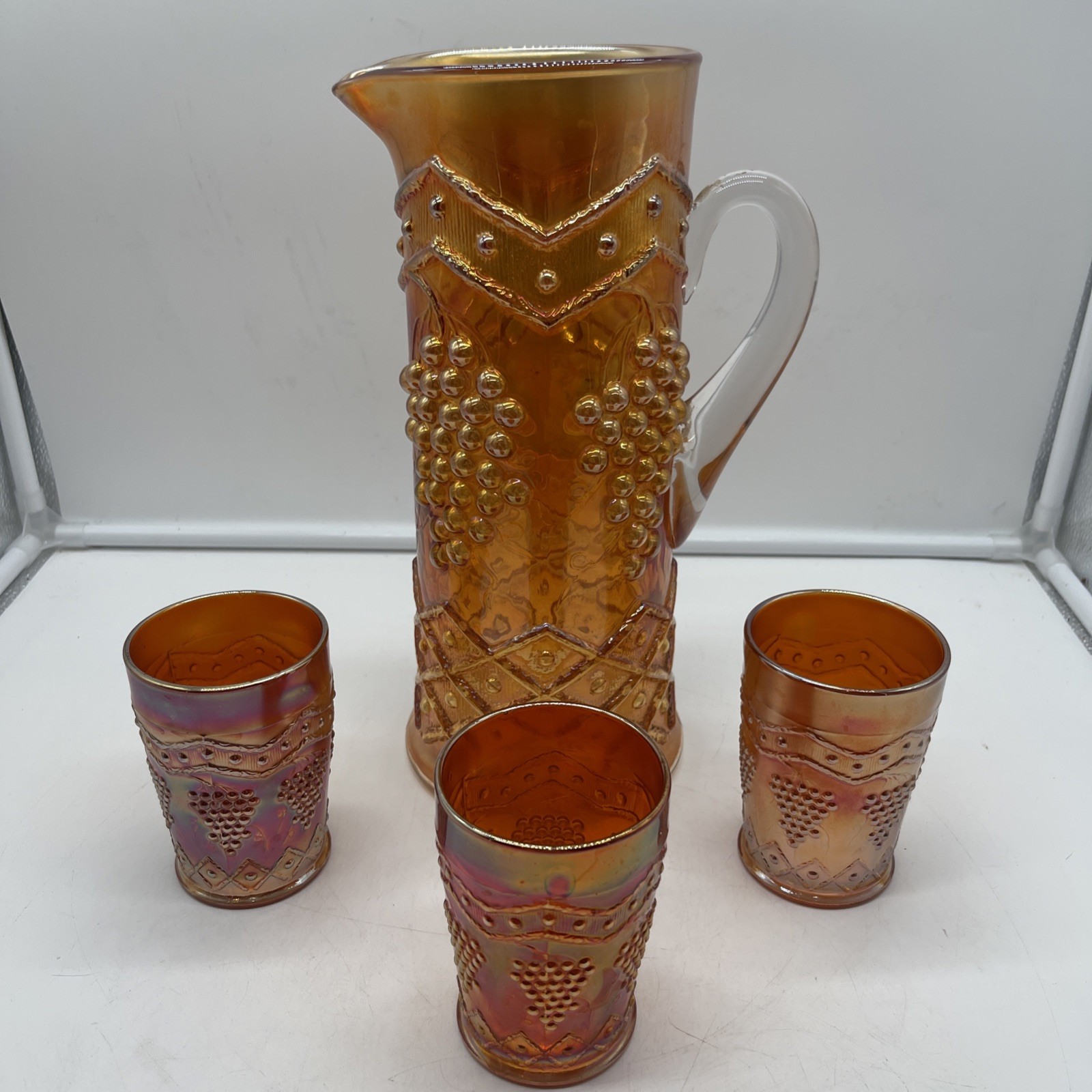 Fenton Marigold Carnival Glass Lattice & Grape Water Set Pitcher & 3 Tumblers