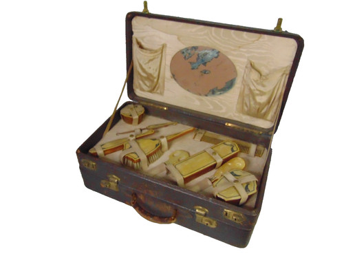 Train Case Luggage VTg 9 Pc Celluloid Art Deco Vanity Dresser Set Amber 1920s