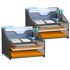 2 Pack Mesh Desk File Organizer Holder, 3 Paper Trays, 2 Vertical Sections