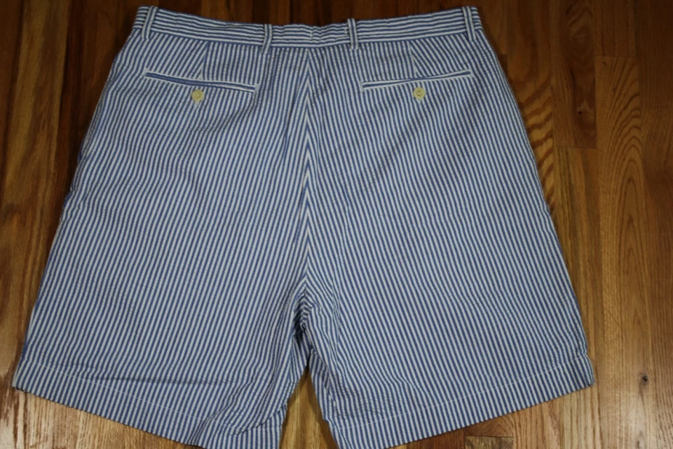 Pantalones Cortos NAUTICA Rigger Clásicos Doble Plisado Seersucker Azul Rayas Algodón Talla 36 Foto 4 de 4