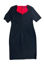 Halston Heritage Dress Black Stretch Ruched Waist Red Accent Zip Back Sz 12 EUC
