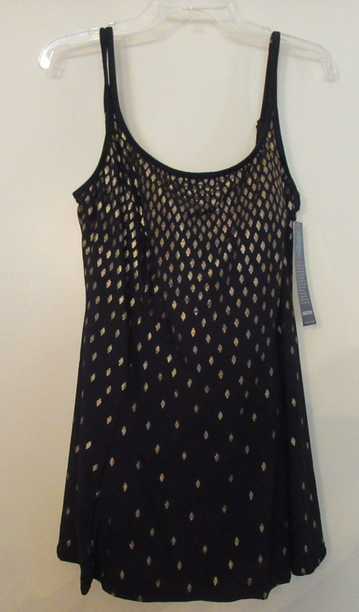 LONGITUDE Size 16 Black w/Gold Diamonds One Piece Swim Dress- NWT