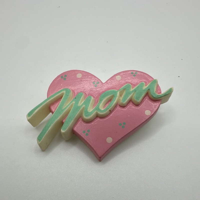 Vintage Heart 'Mom' Brooch Pin Pink White Green Polka Dots