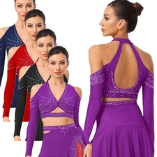 Women Costume Latin Dancewear Competitions Crop Top Stage Long Sleeve Sparkling