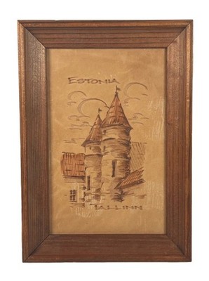 Vintage Estonia Tallinn Original Pencil Drawing Square Framed 7'' x 5''