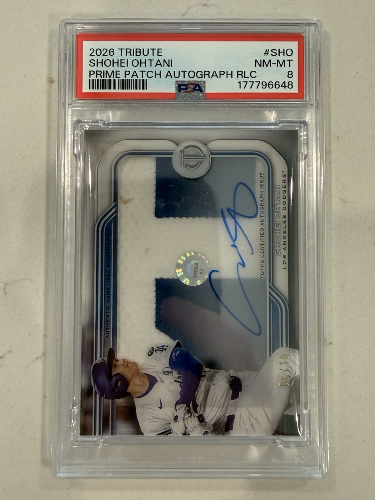 2026 Topps Tribute Shohei Ohtani PPA-SHO Prime Patch Auto /10 PSA 8 POP 1 LAD view 1