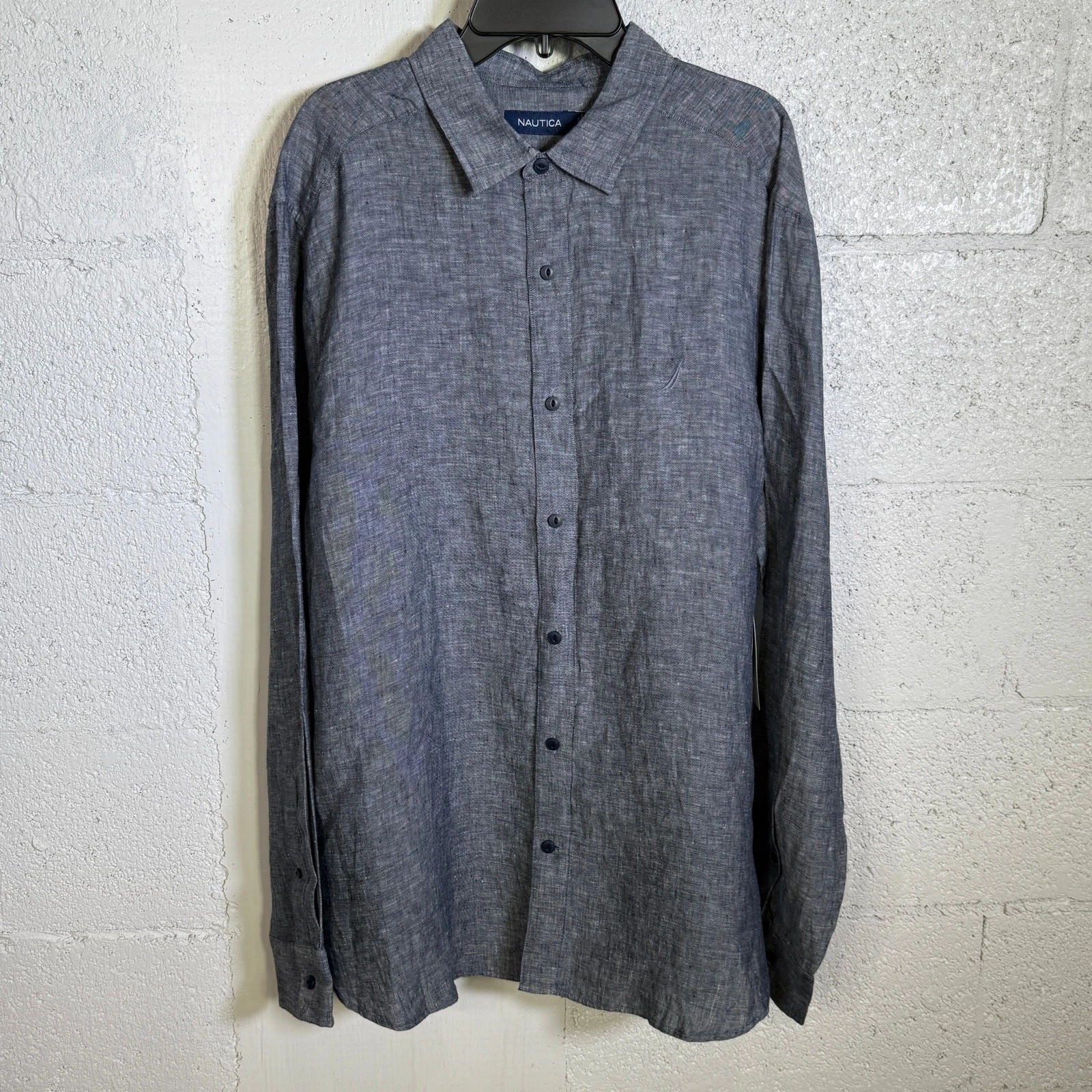 Nautica Men's Classic-Fit Button-up Solid Linen Shirt navy medium $90