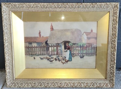 Alberto Pisa Watercolor Woman And Chickens early 1900s Art / Famous Artist