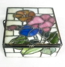 Stained Glass Trinket Jewelry Box flower red pink blue green cream 5.5" X 5.5"