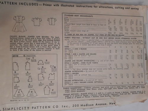 Dress Blouse Jumper Bolero Simplicity Sewing Pattern 2948 Girls 6 Cut VTG 50's  - Picture 6 of 7