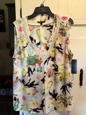 Signature Studio Women's Sleeveless Antique Ivory Floral Pattern Tunic Blouse XL