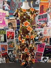 VTG 60s Brown Hibiscus Hawaiian Floral Tropical Barkcloth Tiki Maxi Dress PXXS