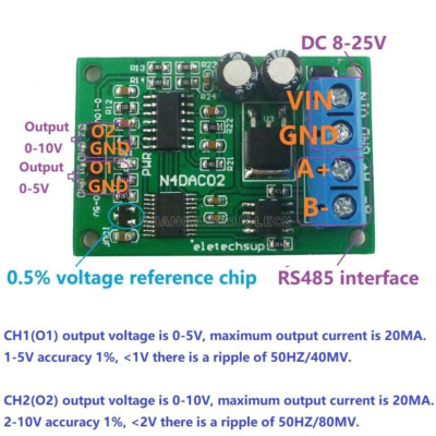 PWM DAC RS485 Voltage Analog Converter Module N4DAC02 MODBUS DC12-25V 2 Channel