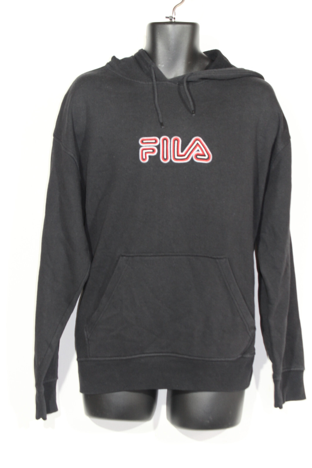 FILA File Felpa Uomo con Cappuccio Grande Nera Maglione Ricamato Spellout Y2K Vintage