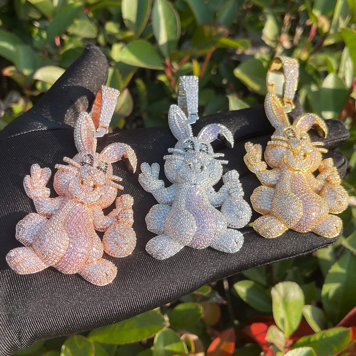 5AAA+ CZ Bling Ice Out Hop Hip Rabbit Pendant Necklace 24k Real