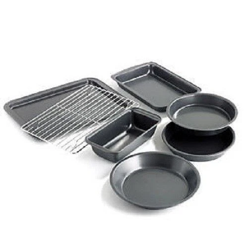 NON-STICK BAKEWARE 7 PC SET COOKIE SHEET PIE CAKE BROWNIE LOAF PAN COOLING RACK