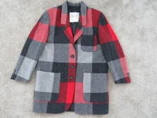 United Colors of Benetton 100% Wool Coat Jacket 42 Plaid checks Red black button