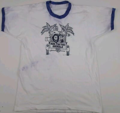 Vintage 80s Detroit Zoo Run For Animals Print T Shirt Vtg USA Sport Flaw READ*