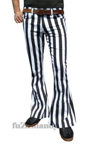 FLARES White Black Striped Mens Bell Bottoms Hippie vtg indie Trousers Stripey - 第 1/4 張圖片