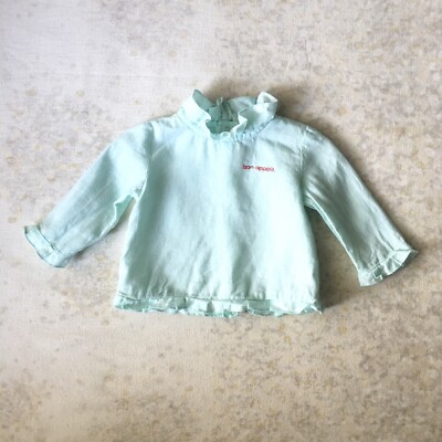 Heimstone x Catimini Baby Girl 12M Linen Bon Appetit Ruffle Blouse Blue Top