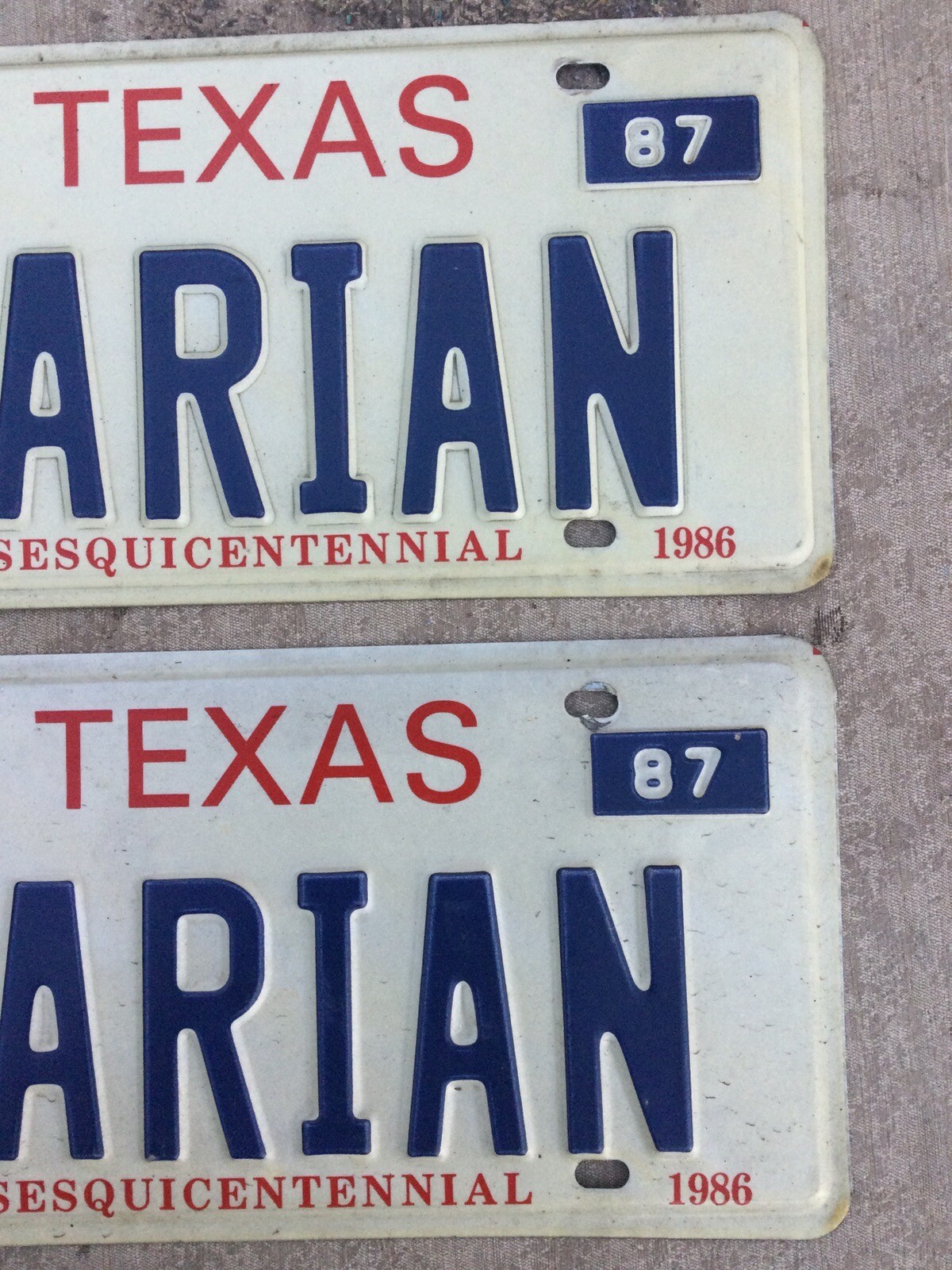 Vintage Texas Vanity License Plate 1986 1987 Very Good Pair MARIAN