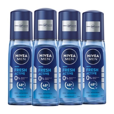 NIVEA MEN Deodorant Fresh Active Deo Zerstäuber 48h Schutz o. Aluminium 4 x 75ml