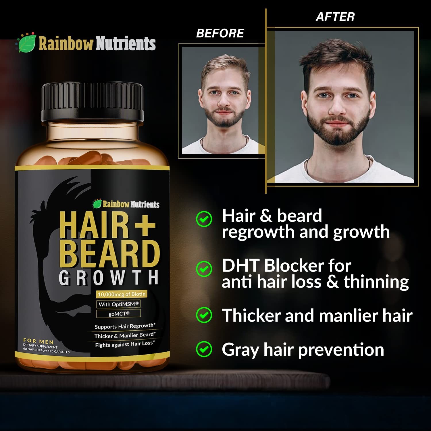 Hair + Beard Growth Vitamins for Men | Biotin 10,000mcg, Collagen, Patented O...