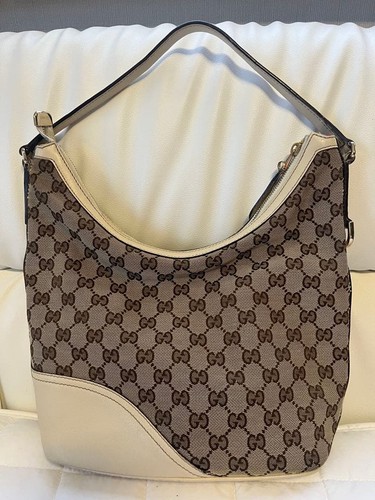 GUCCI GG Canvas Tote Bag Handbag Off White Leather Interlocking G Beige Brown