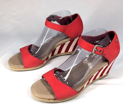 UGG  Womens 10 Wedge Sandals Atasha Stripe Red / Coral Ankle Strap Espadrille